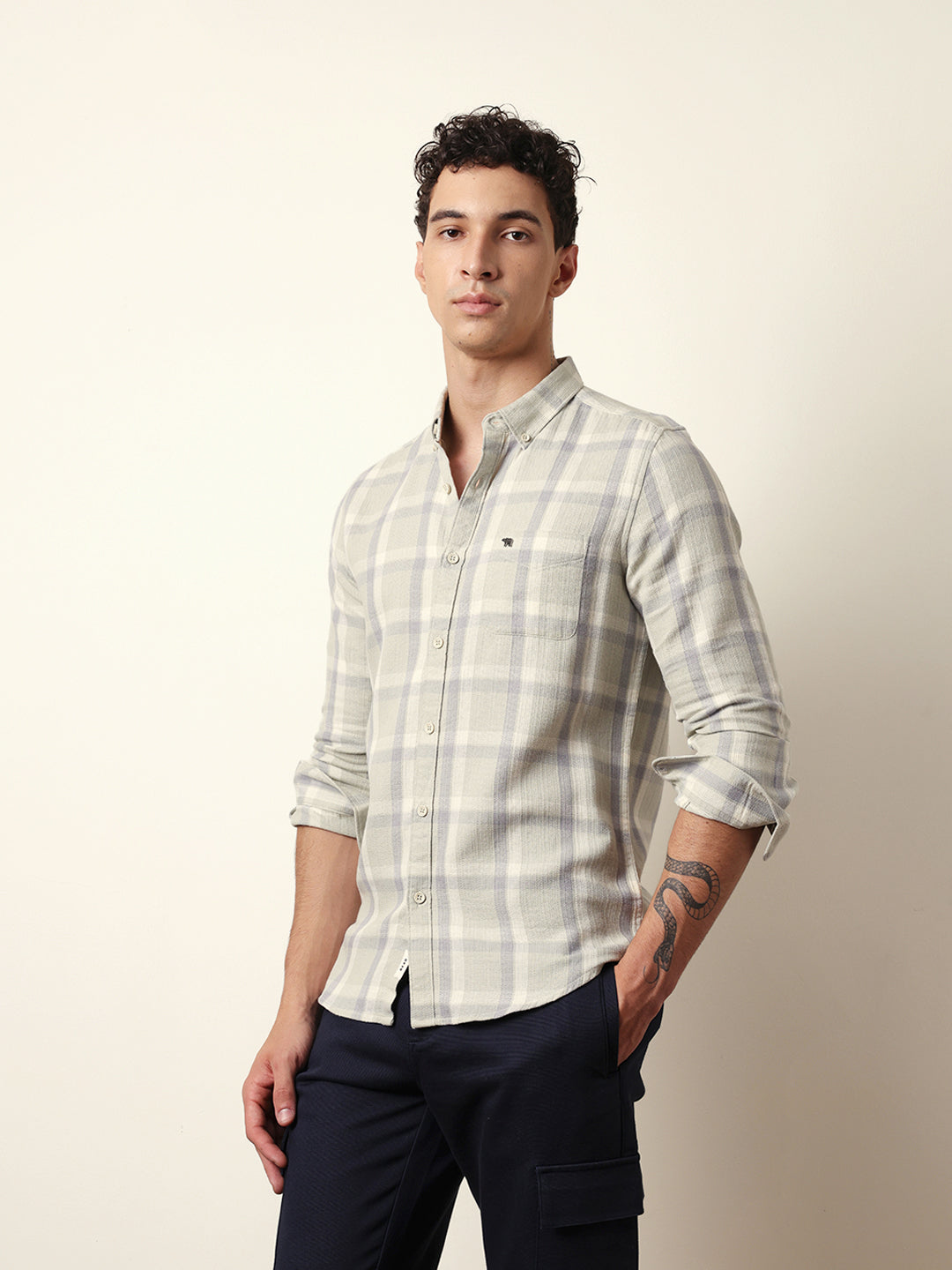 Light Green Textured Woven Check Slim Fit Casual Shirt
