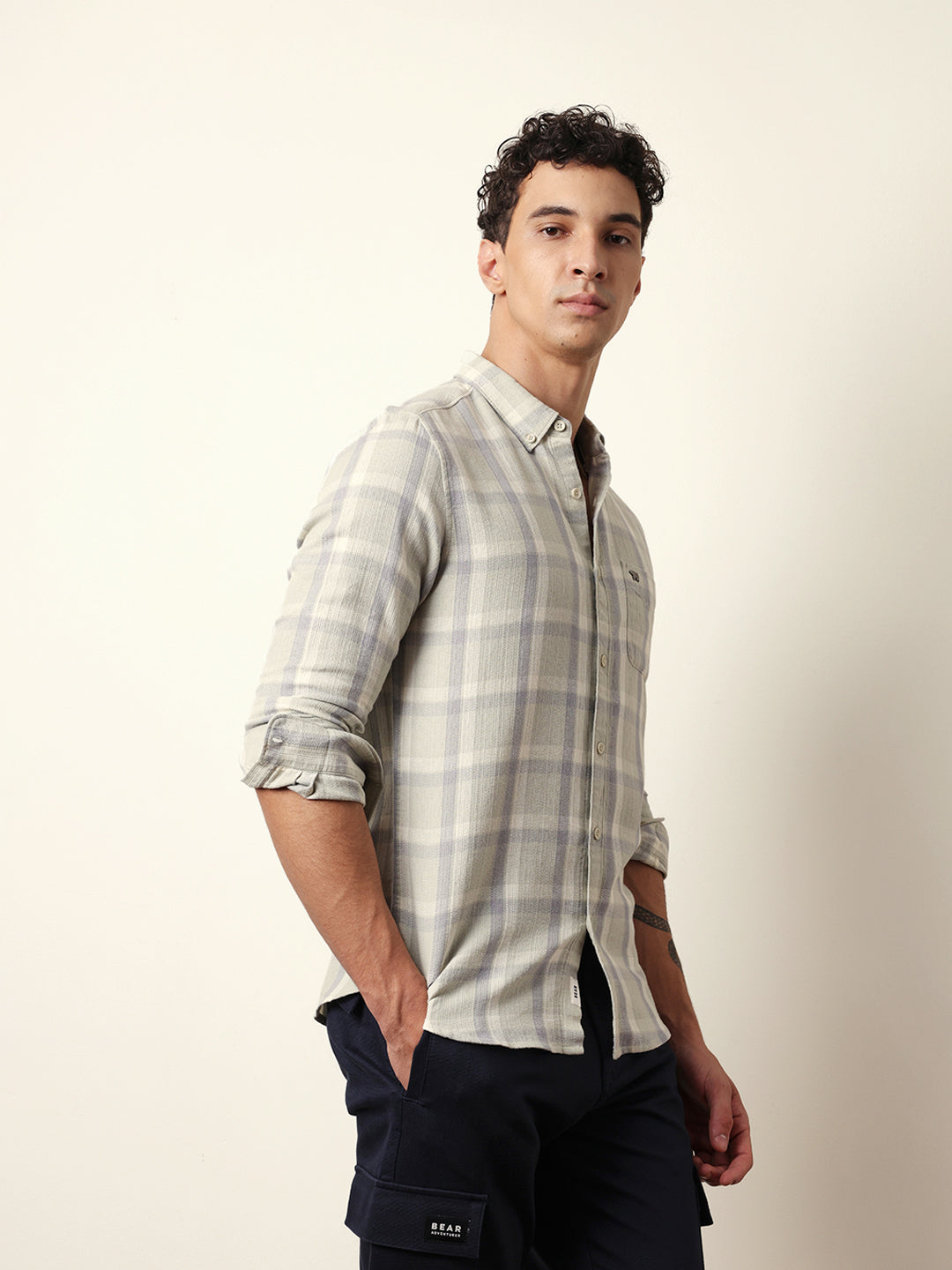 Light Green Textured Woven Check Slim Fit Casual Shirt