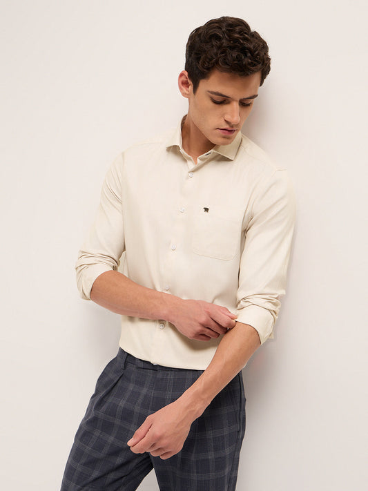 Cream Herringbone Woven Tailored Fit Formal Shirt