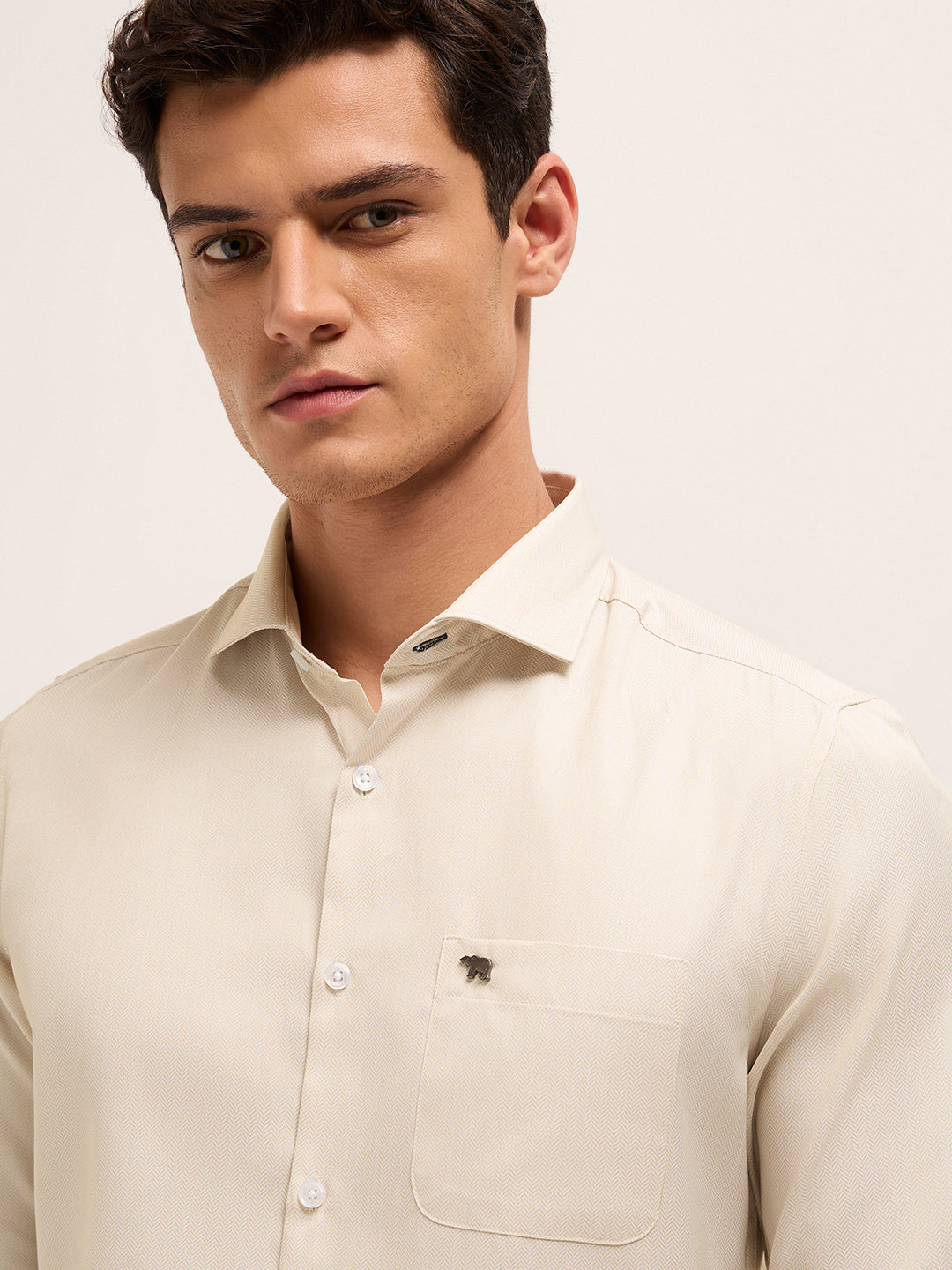Cream Herringbone Woven Tailored Fit Formal Shirt
