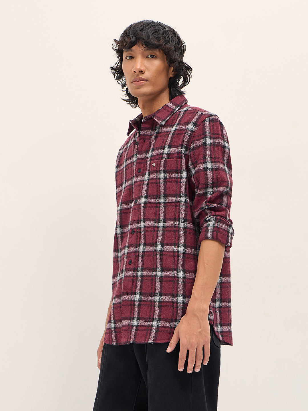Maroon Slim Fit Tartan Checked Flannel Casual Shirt