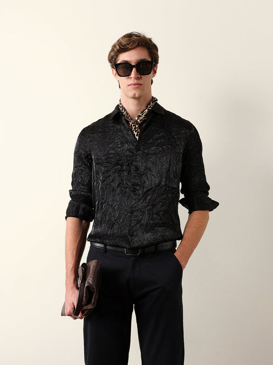 Black Regular Fit Casual Shirt with Crinkle Effect & Subtle Sheen Finish