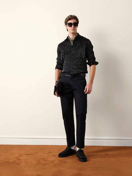 Black Regular Fit Casual Shirt with Crinkle Effect & Subtle Sheen Finish
