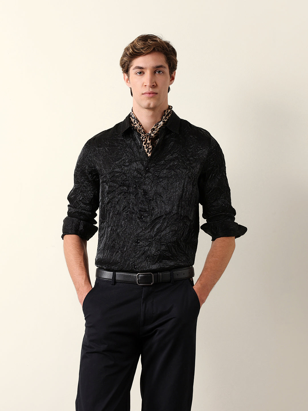 Black Regular Fit Casual Shirt with Crinkle Effect & Subtle Sheen Finish