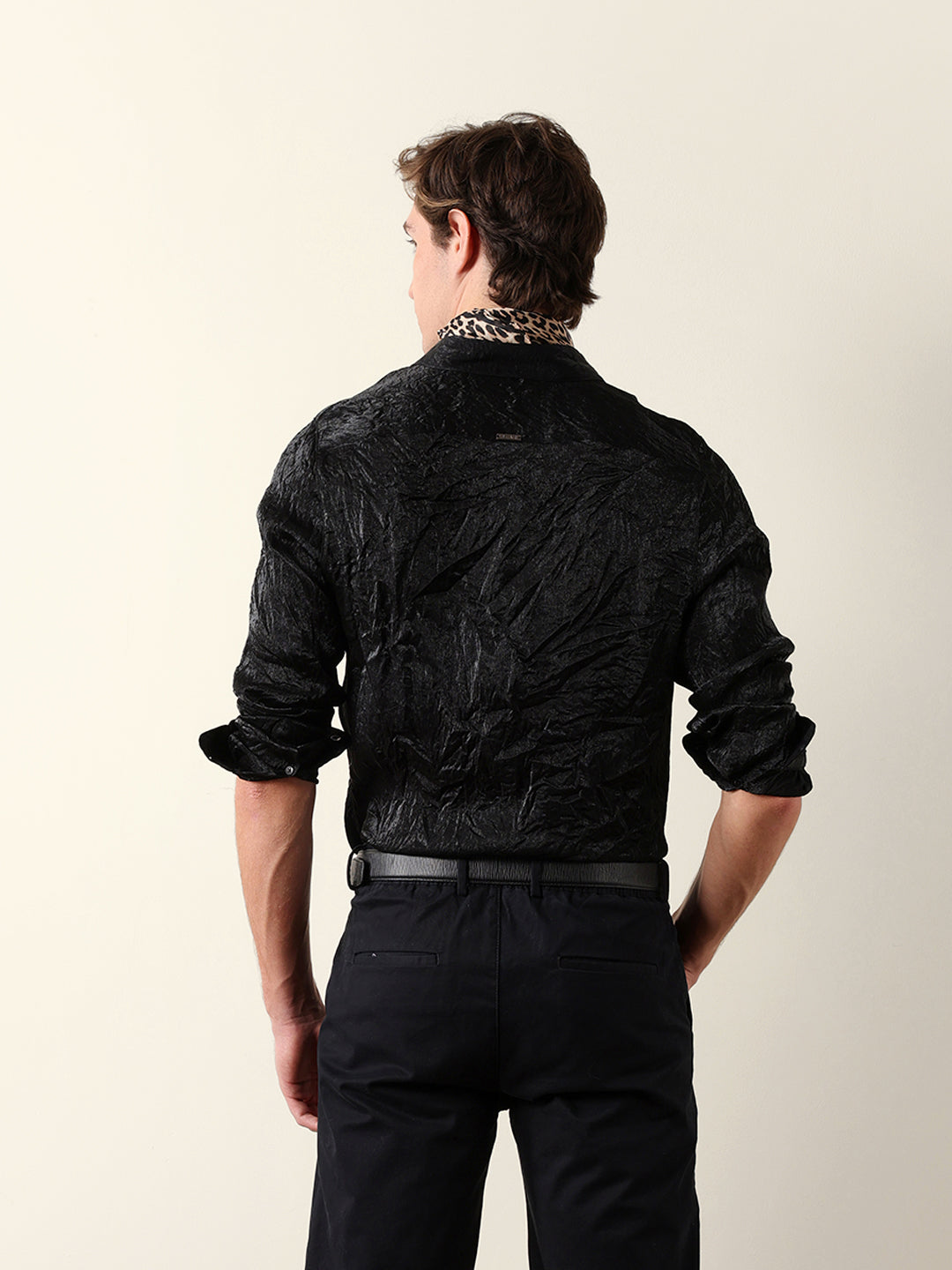 Black Regular Fit Casual Shirt with Crinkle Effect & Subtle Sheen Finish