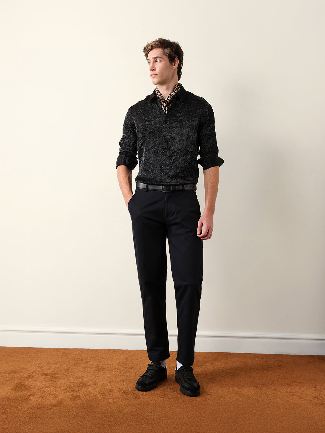 Black Regular Fit Casual Shirt with Crinkle Effect & Subtle Sheen Finish