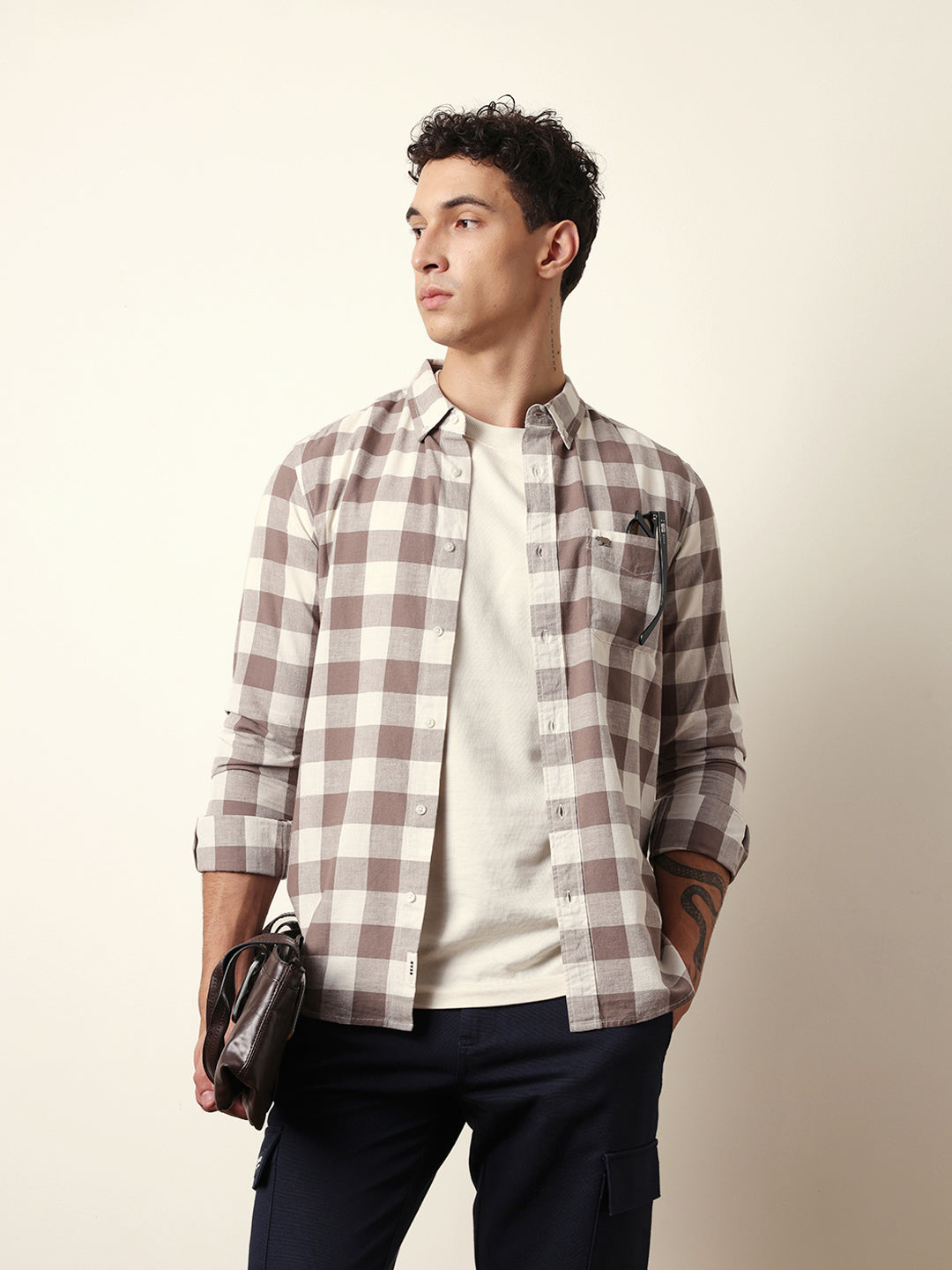 Brown with Cream Woven Checks Slim Fit Casual Shirt