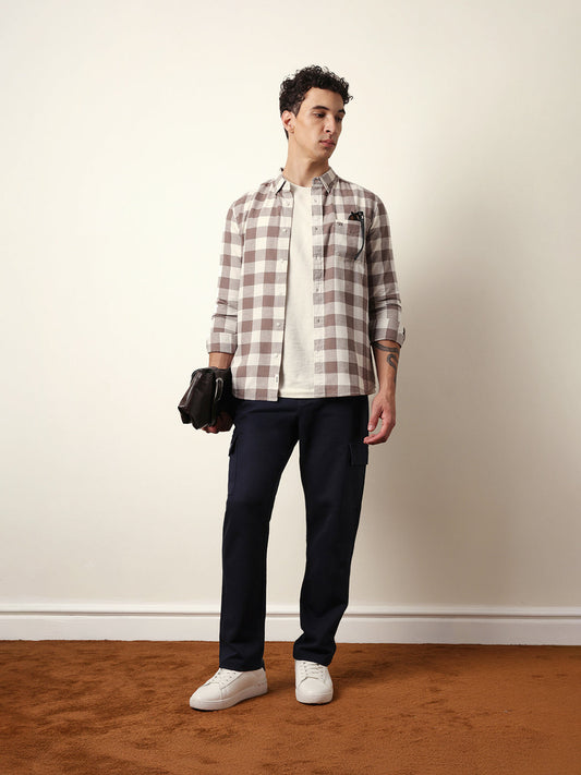 Brown with Cream Woven Checks Slim Fit Casual Shirt