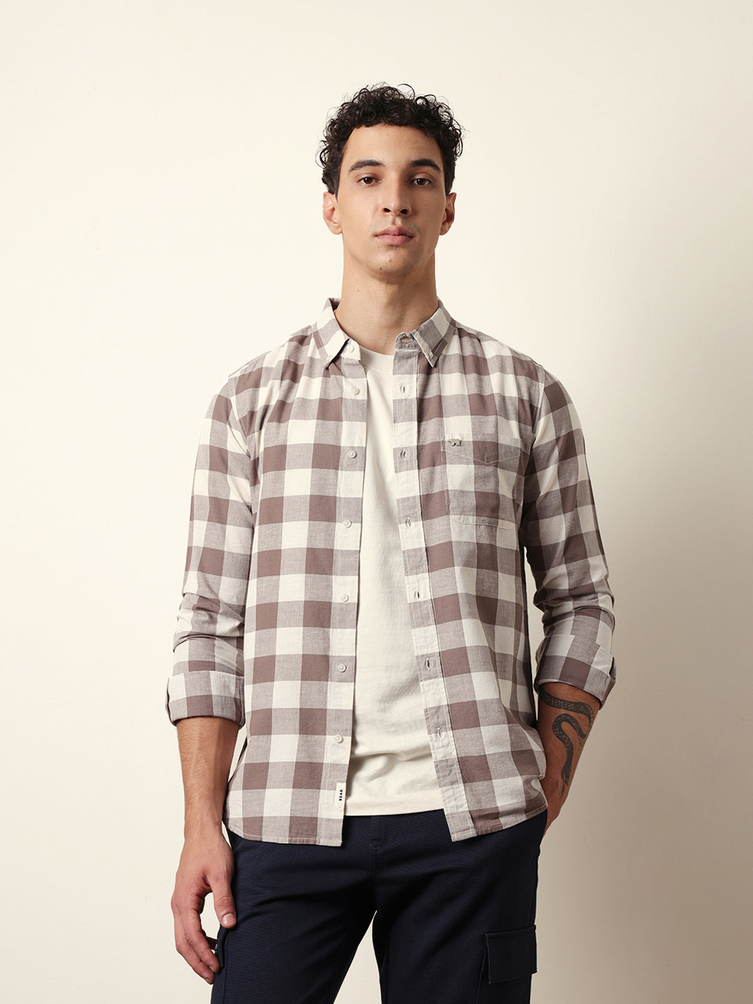 Brown with Cream Woven Checks Slim Fit Casual Shirt