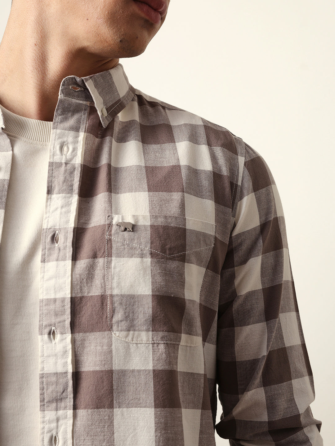 Brown with Cream Woven Checks Slim Fit Casual Shirt