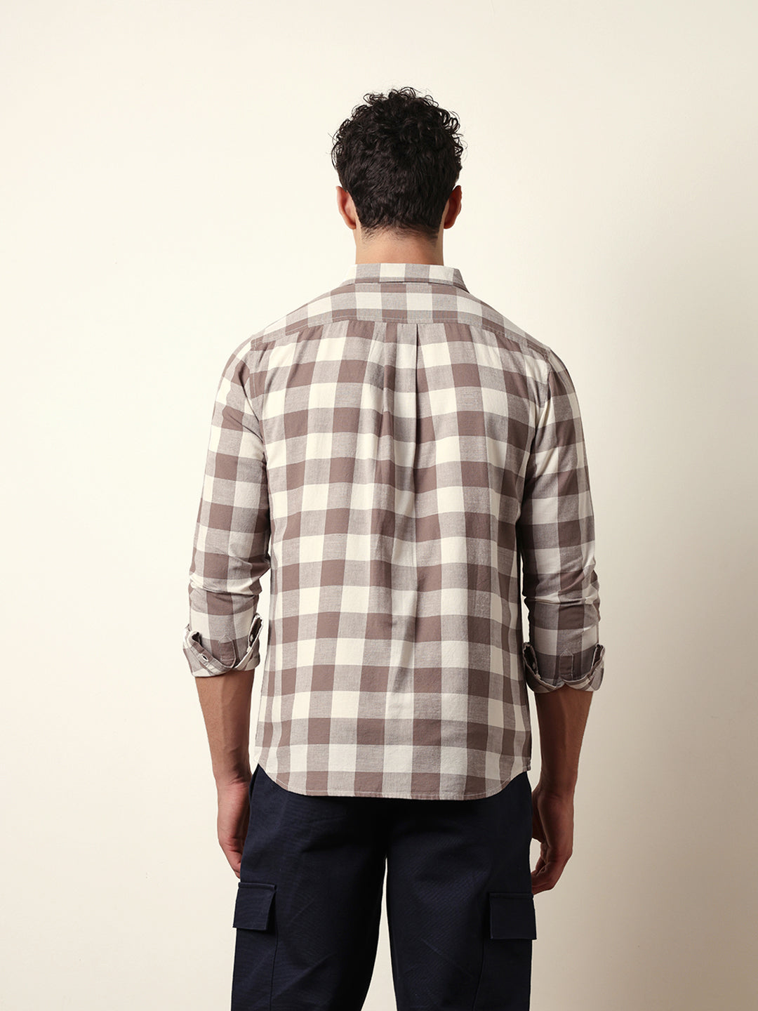 Brown with Cream Woven Checks Slim Fit Casual Shirt