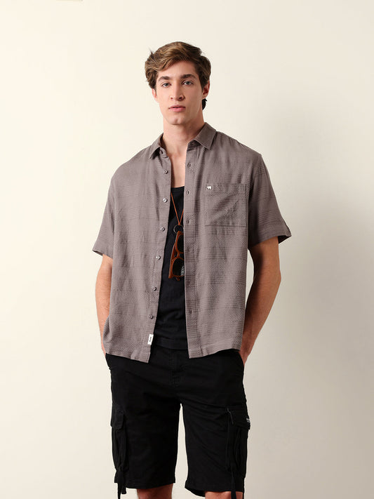 Grey Relaxed Fit Casual Half Sleeve Shirt with Textured Horizontal Stripes