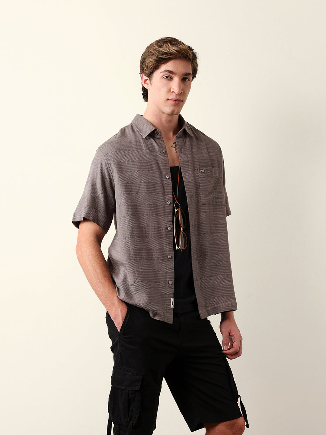 Grey Relaxed Fit Casual Half Sleeve Shirt with Textured Horizontal Stripes