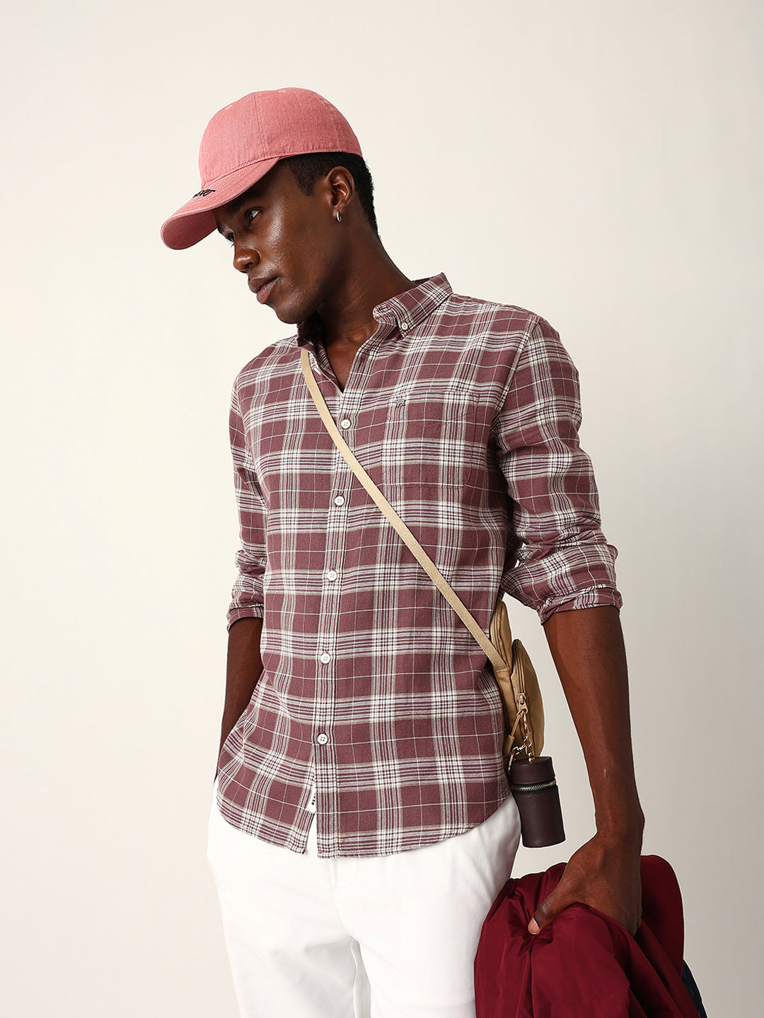 Maroon & Cream Woven Checked Slim Fit Casual Shirt