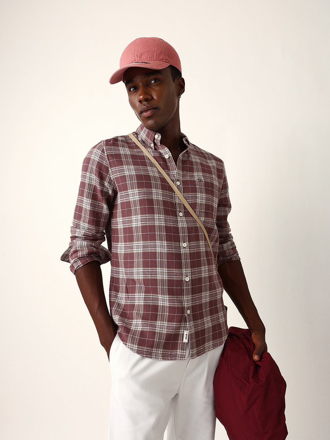 Maroon & Cream Woven Checked Slim Fit Casual Shirt