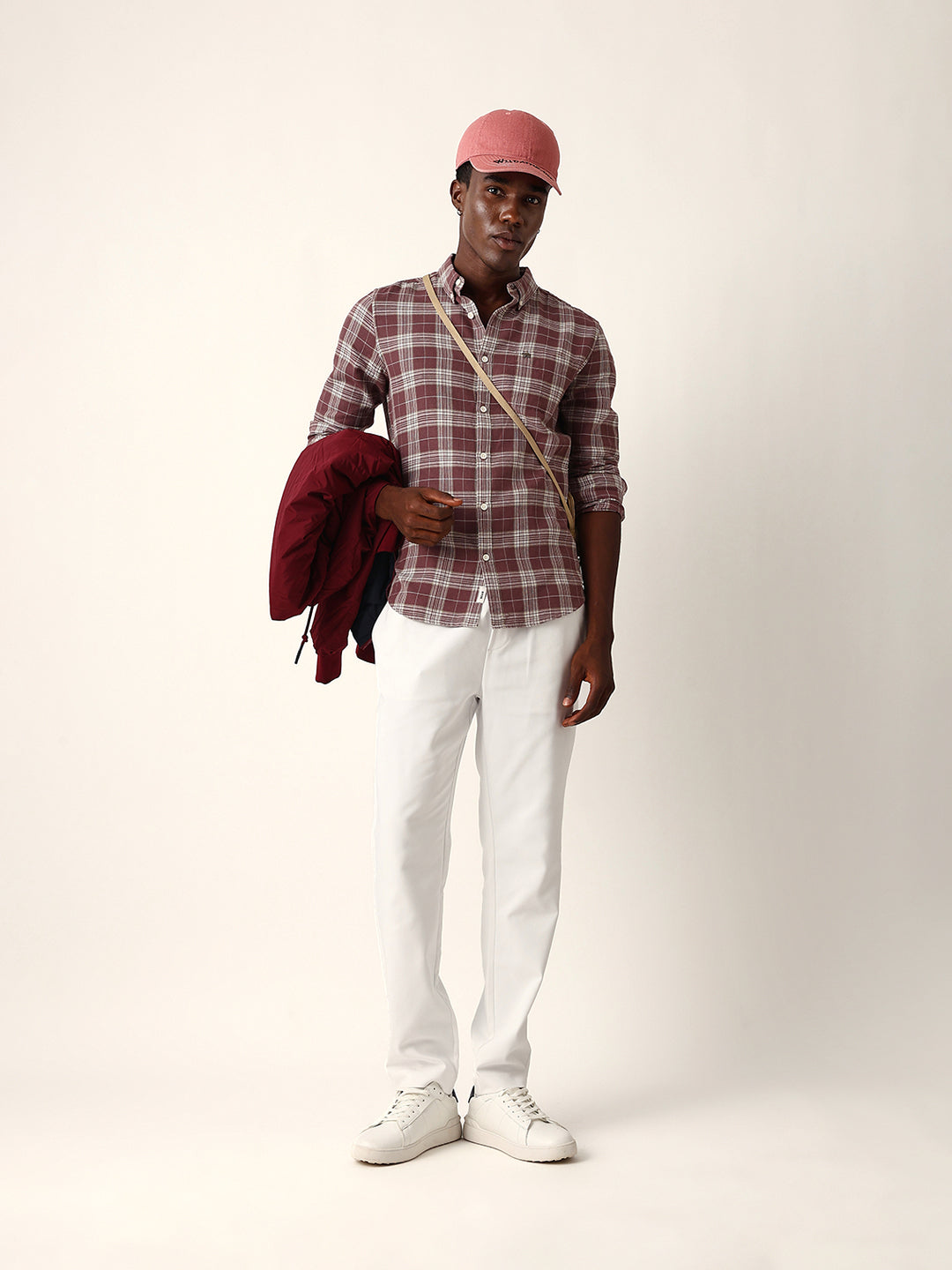 Maroon & Cream Woven Checked Slim Fit Casual Shirt