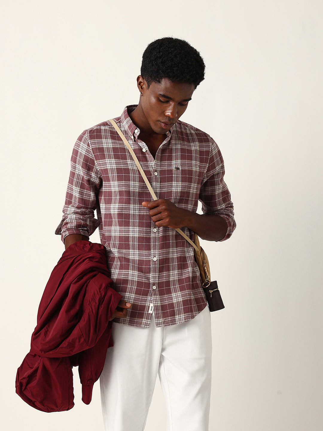 Maroon & Cream Woven Checked Slim Fit Casual Shirt