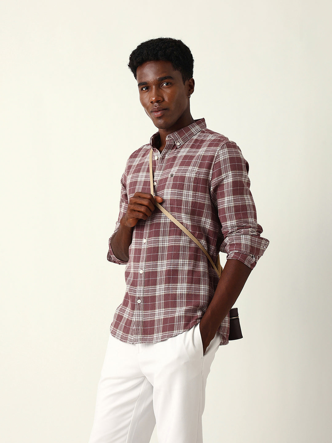 Maroon & Cream Woven Checked Slim Fit Casual Shirt