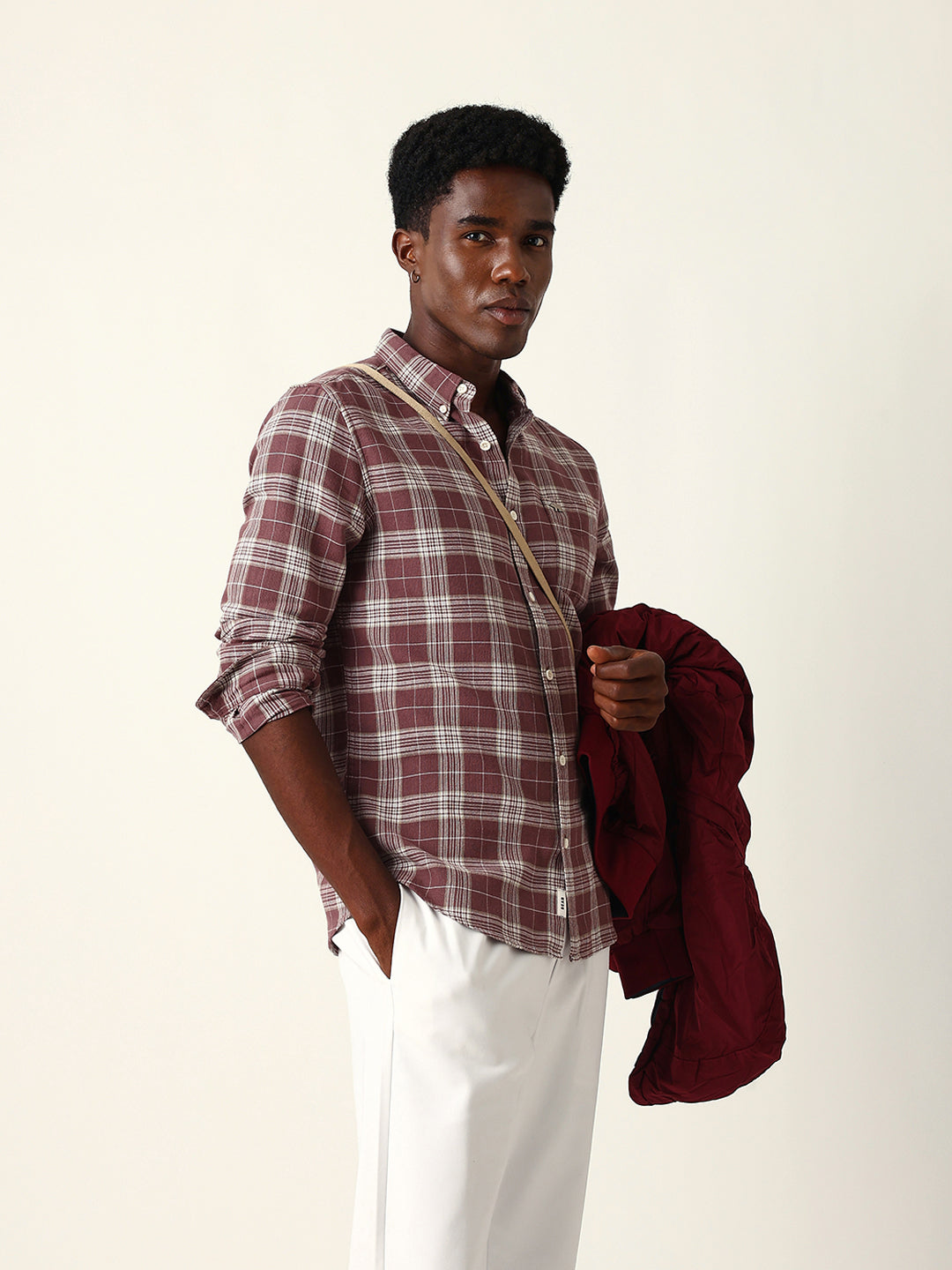 Maroon & Cream Woven Checked Slim Fit Casual Shirt