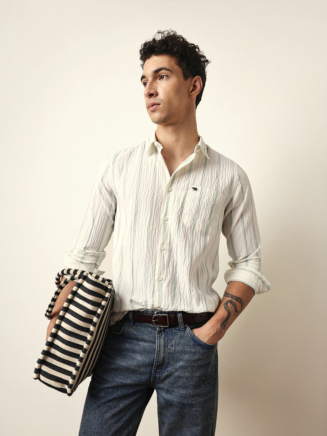 Off white with Green Vertical Textured Stripe Regular Fit Casual Shirt