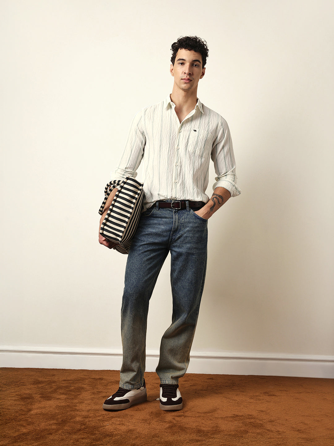 Off white with Green Vertical Textured Stripe Regular Fit Casual Shirt