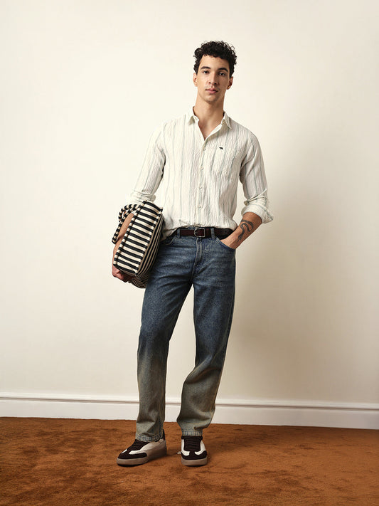 Off white with Green Vertical Textured Stripe Regular Fit Casual Shirt