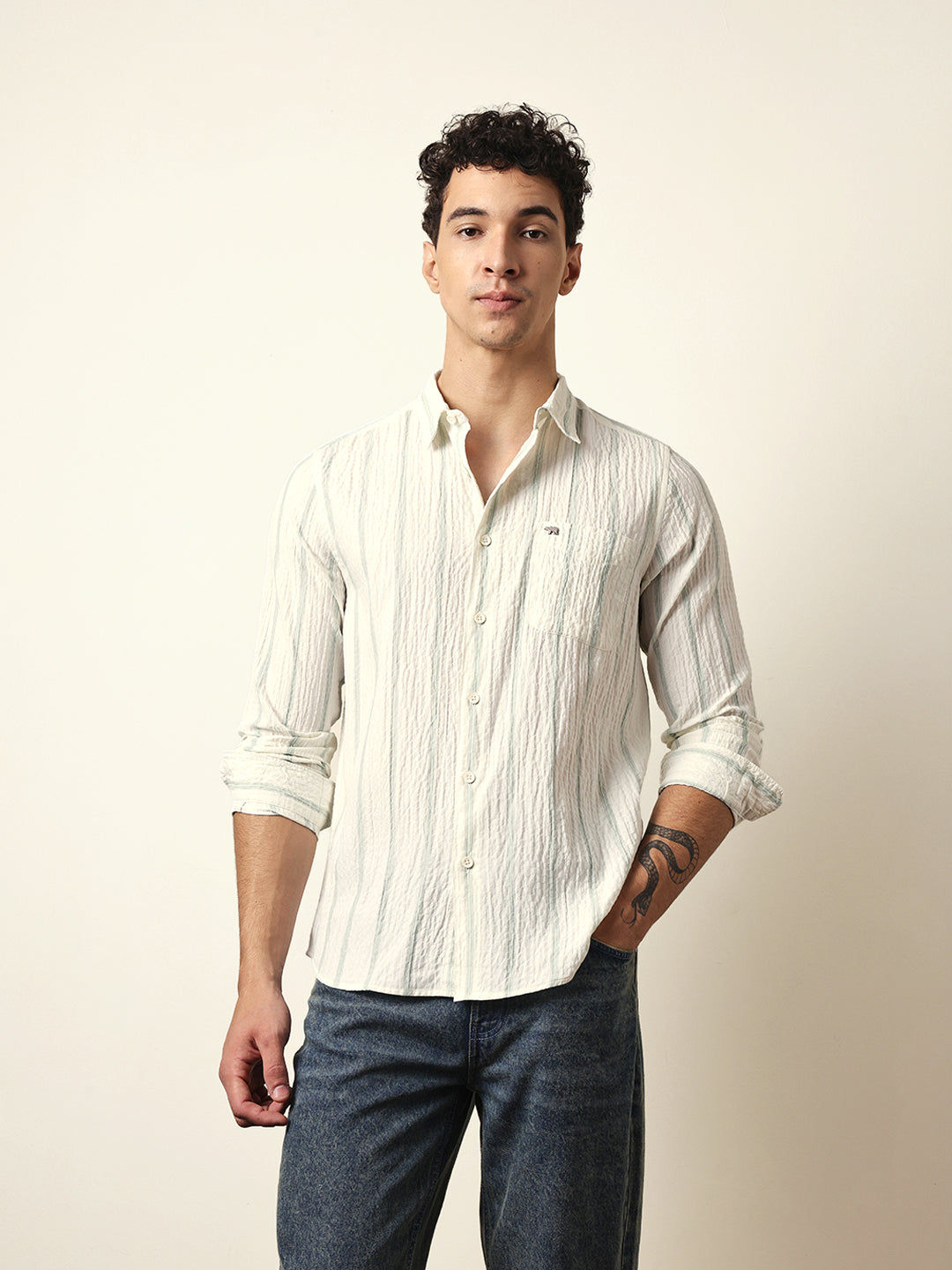 Off white with Green Vertical Textured Stripe Regular Fit Casual Shirt