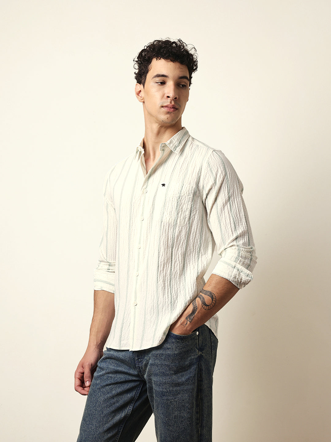 Off white with Green Vertical Textured Stripe Regular Fit Casual Shirt