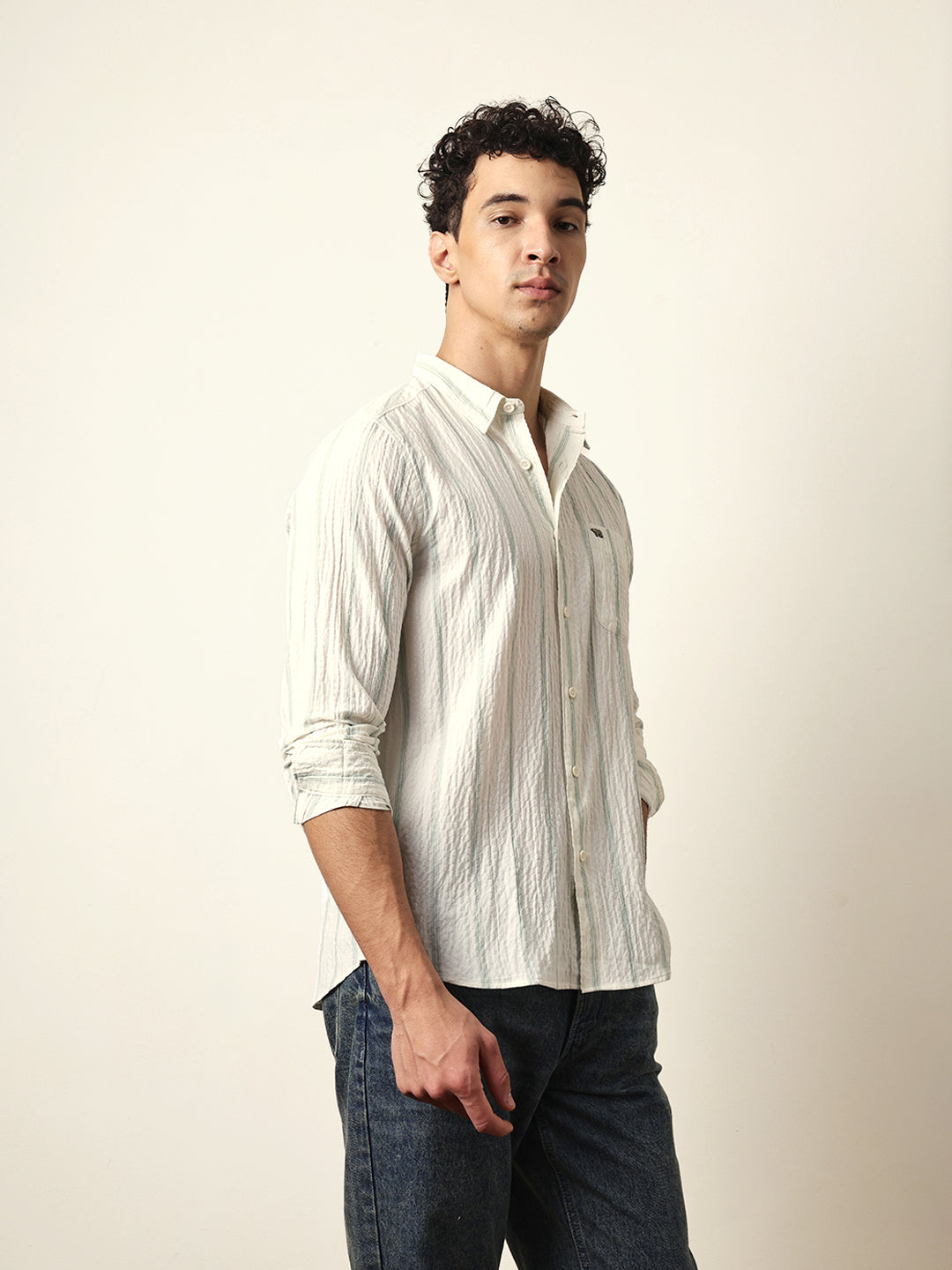 Off white with Green Vertical Textured Stripe Regular Fit Casual Shirt