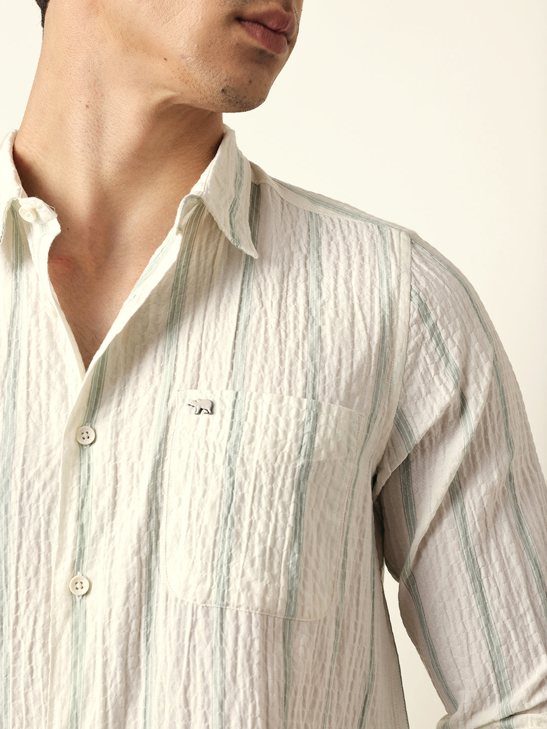 Off white with Green Vertical Textured Stripe Regular Fit Casual Shirt