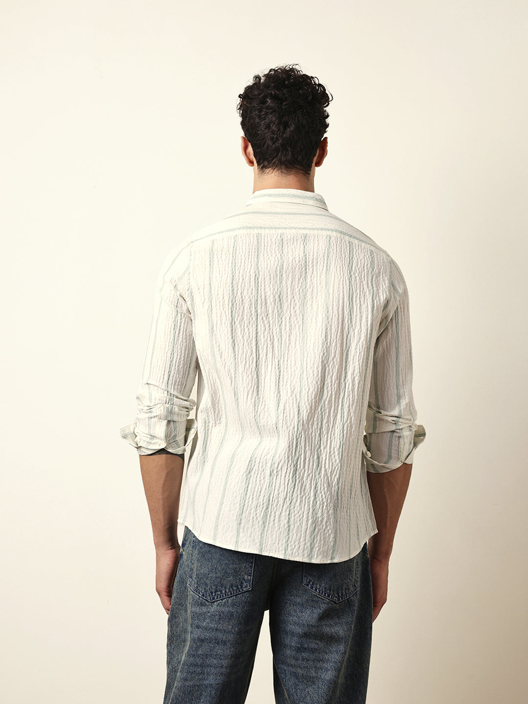 Off white with Green Vertical Textured Stripe Regular Fit Casual Shirt
