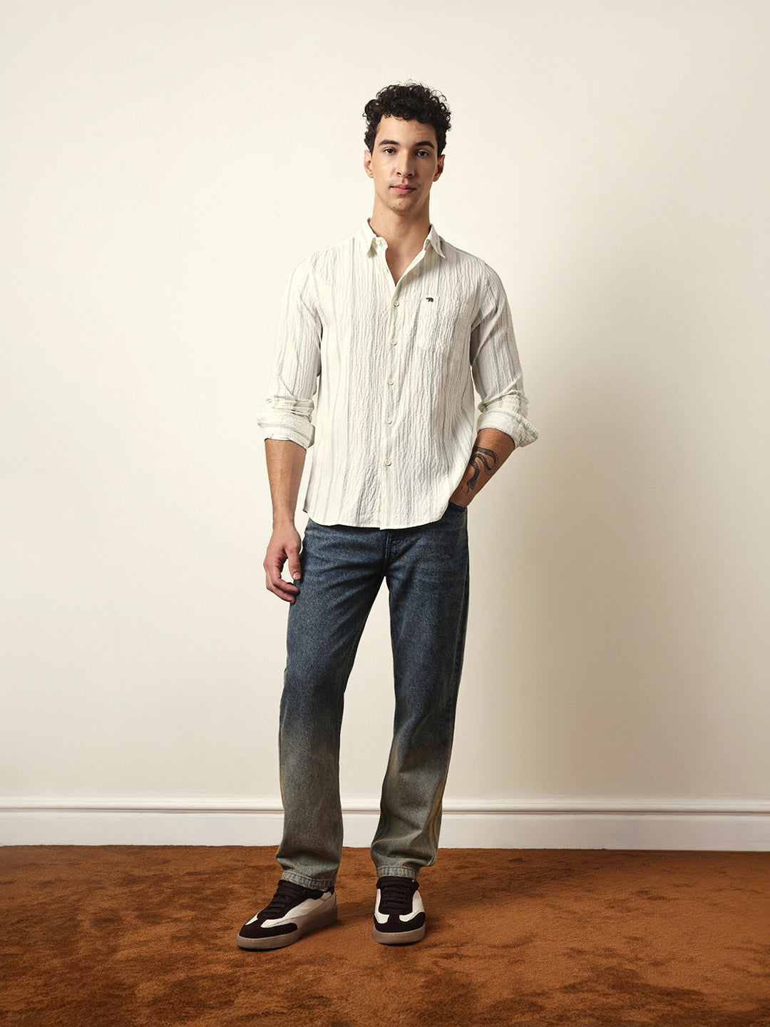Off white with Green Vertical Textured Stripe Regular Fit Casual Shirt