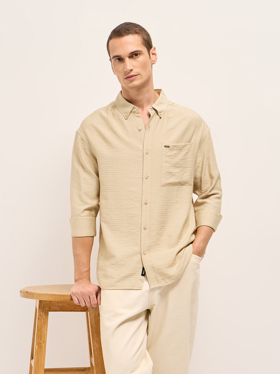 Cream Viscose Herringbone Design Relax Fit Casual shirt