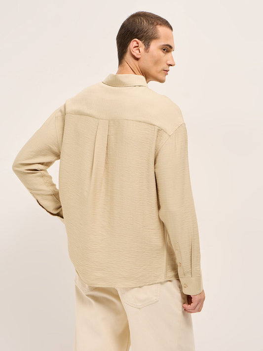 Cream Viscose Herringbone Design Relax Fit Casual shirt