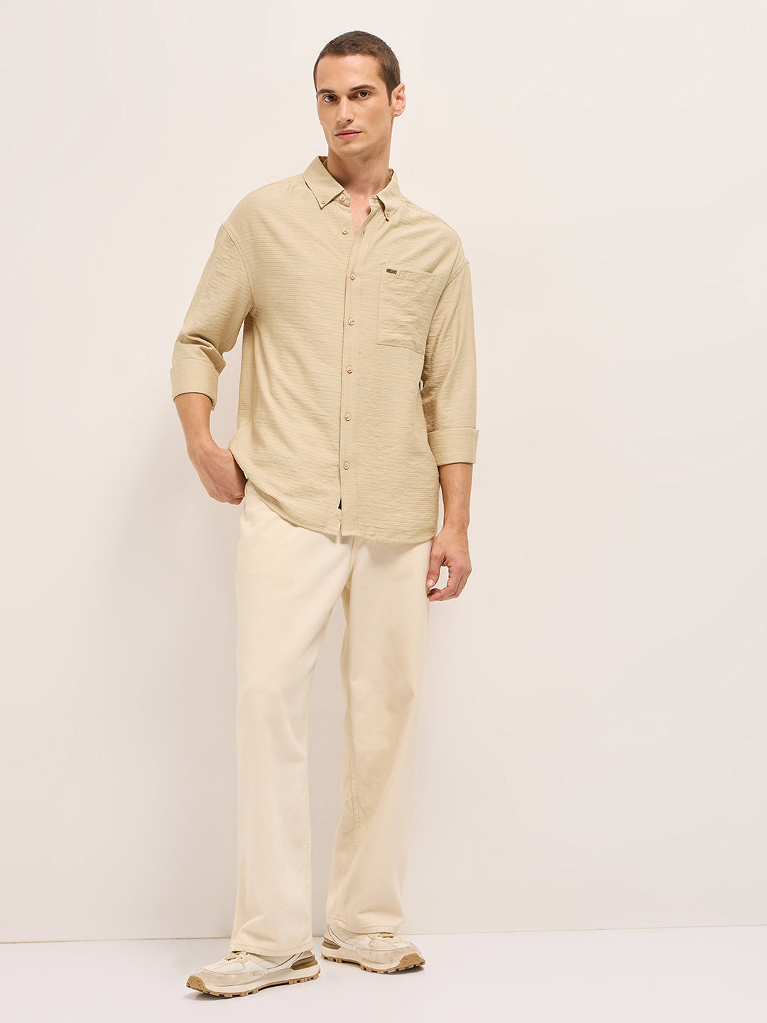 Cream Viscose Herringbone Design Relax Fit Casual shirt