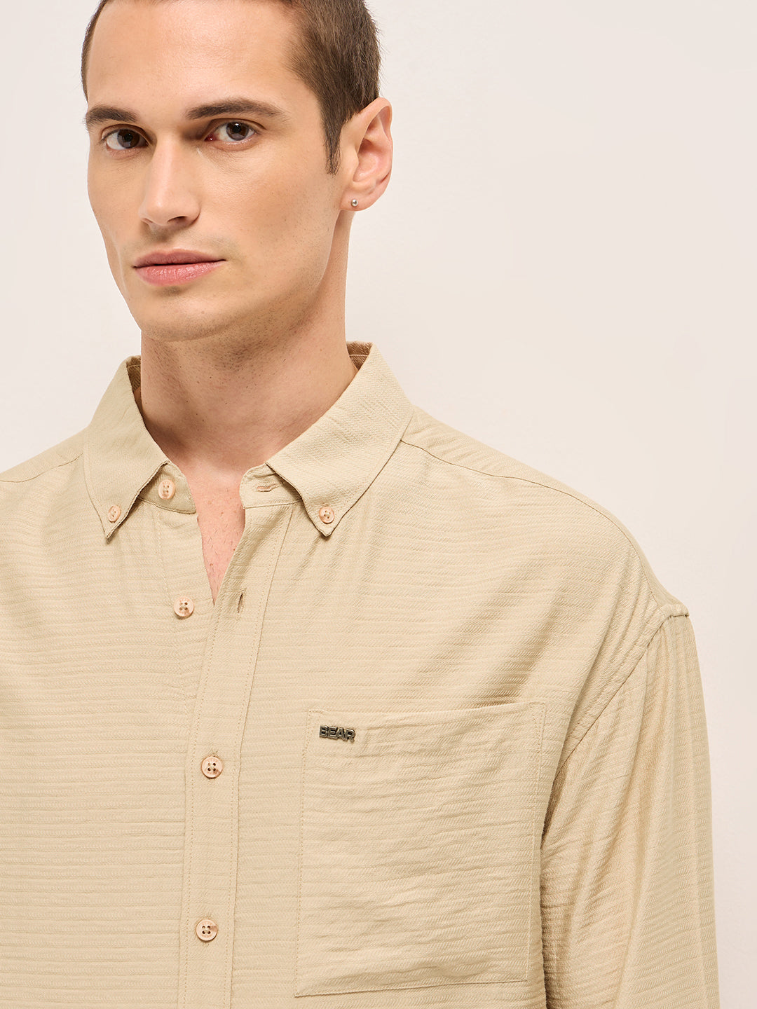 Cream Viscose Herringbone Design Relax Fit Casual shirt
