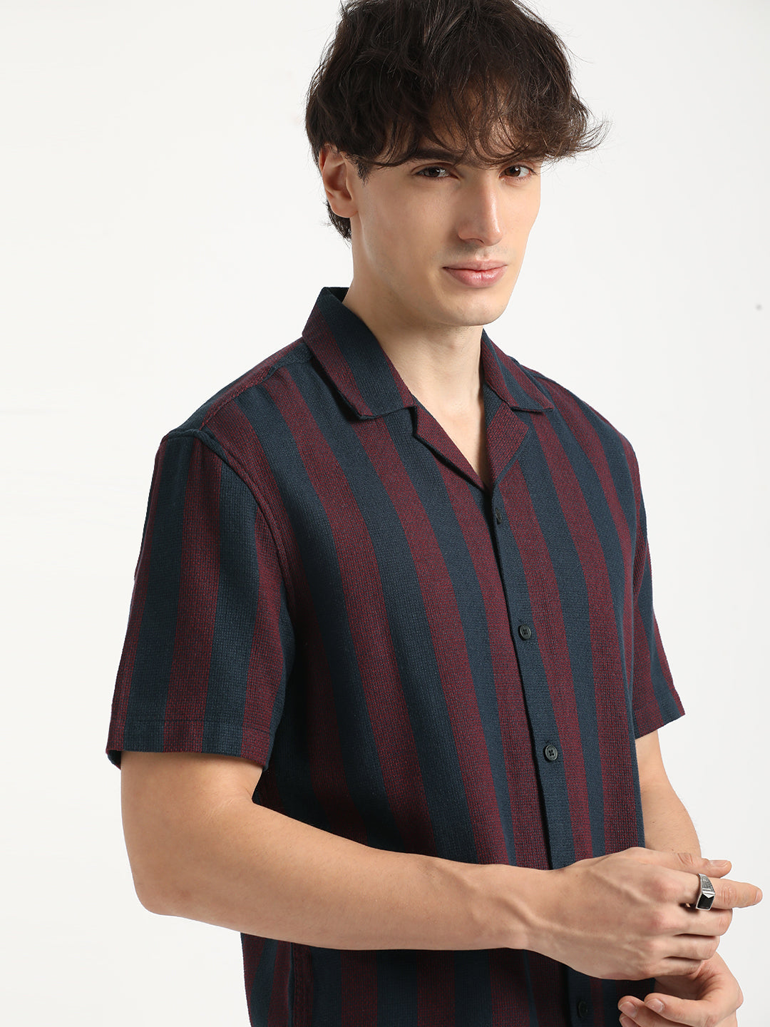 Men Maroon and Navy Striped Regular Fit Cotton Casual Shirt