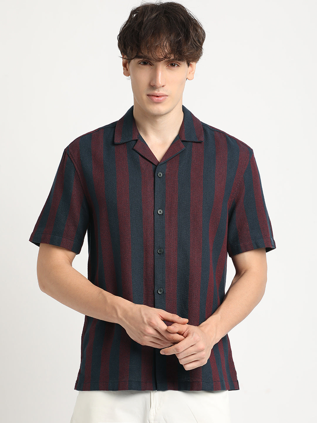 Men Maroon and Navy Striped Regular Fit Cotton Casual Shirt