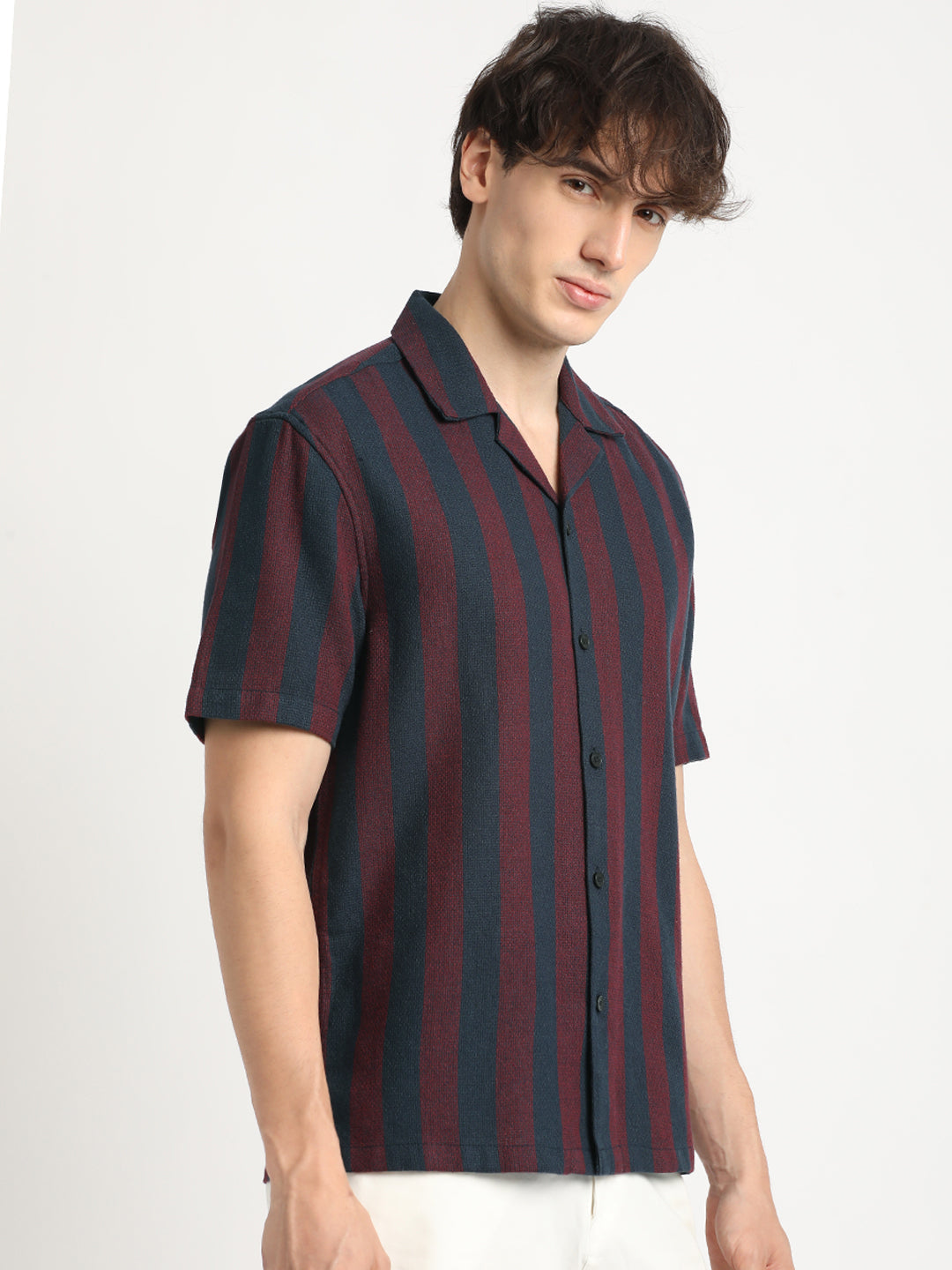 Men Maroon and Navy Striped Regular Fit Cotton Casual Shirt