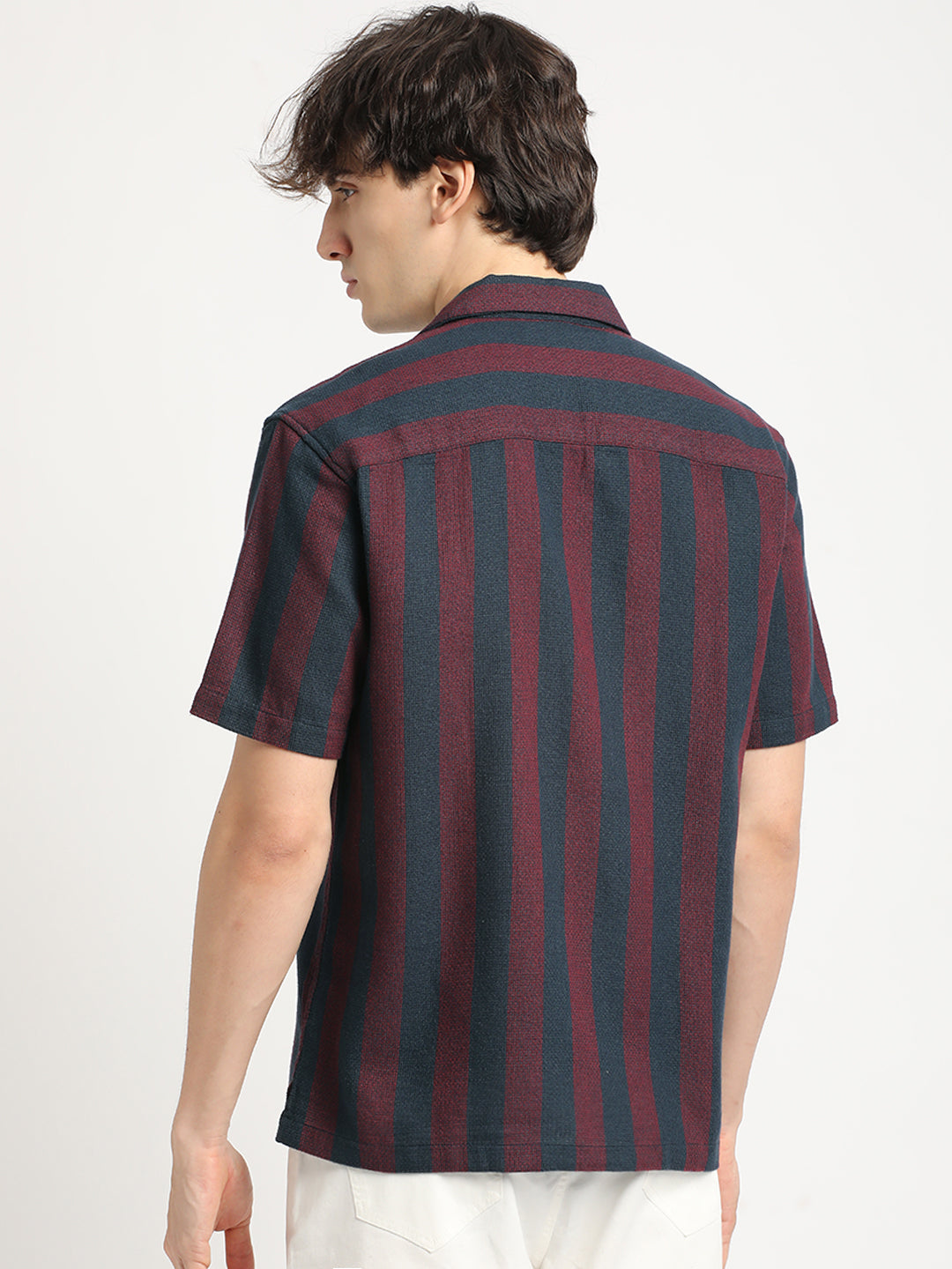 Men Maroon and Navy Striped Regular Fit Cotton Casual Shirt