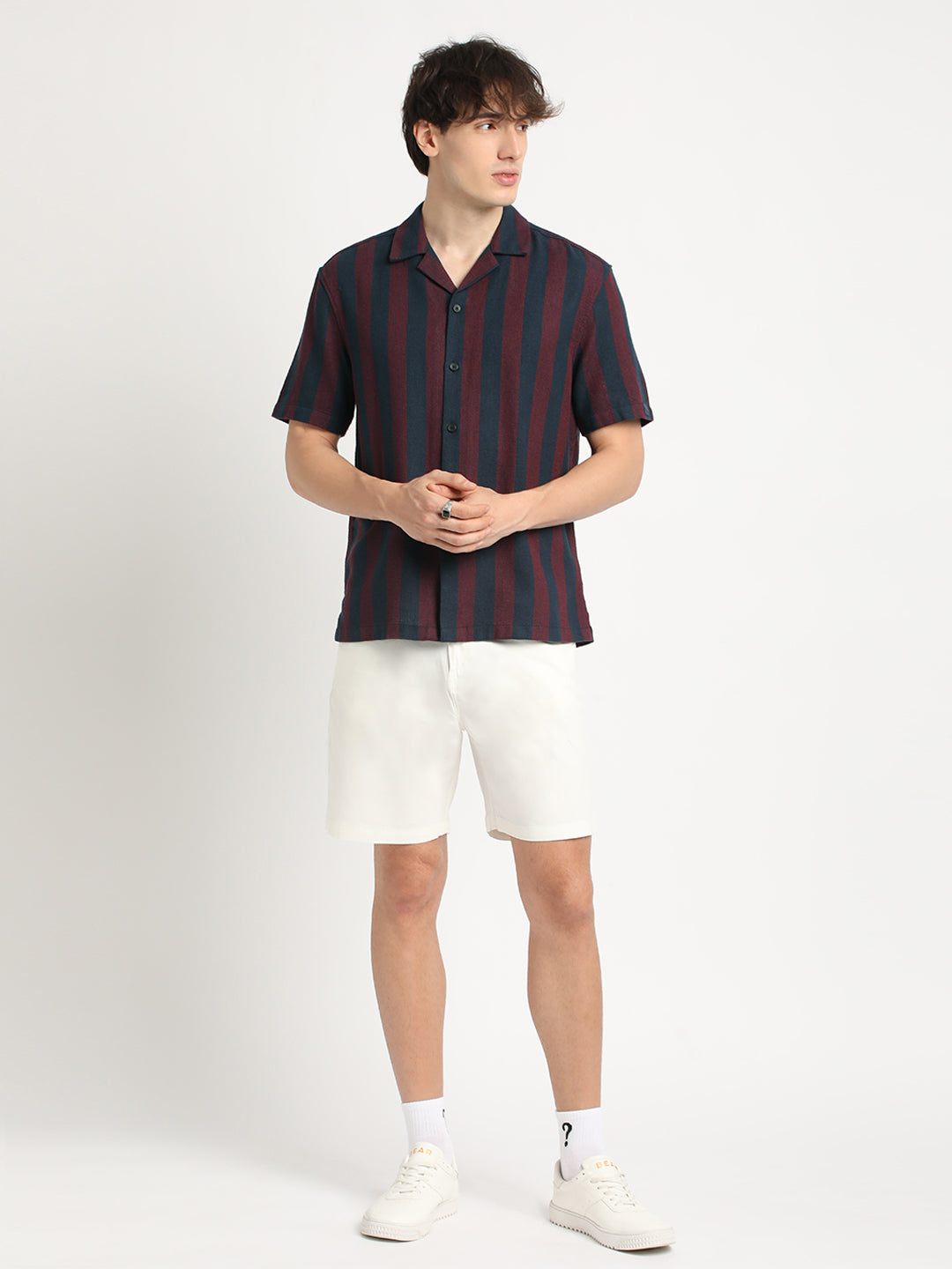Men Maroon and Navy Striped Regular Fit Cotton Casual Shirt