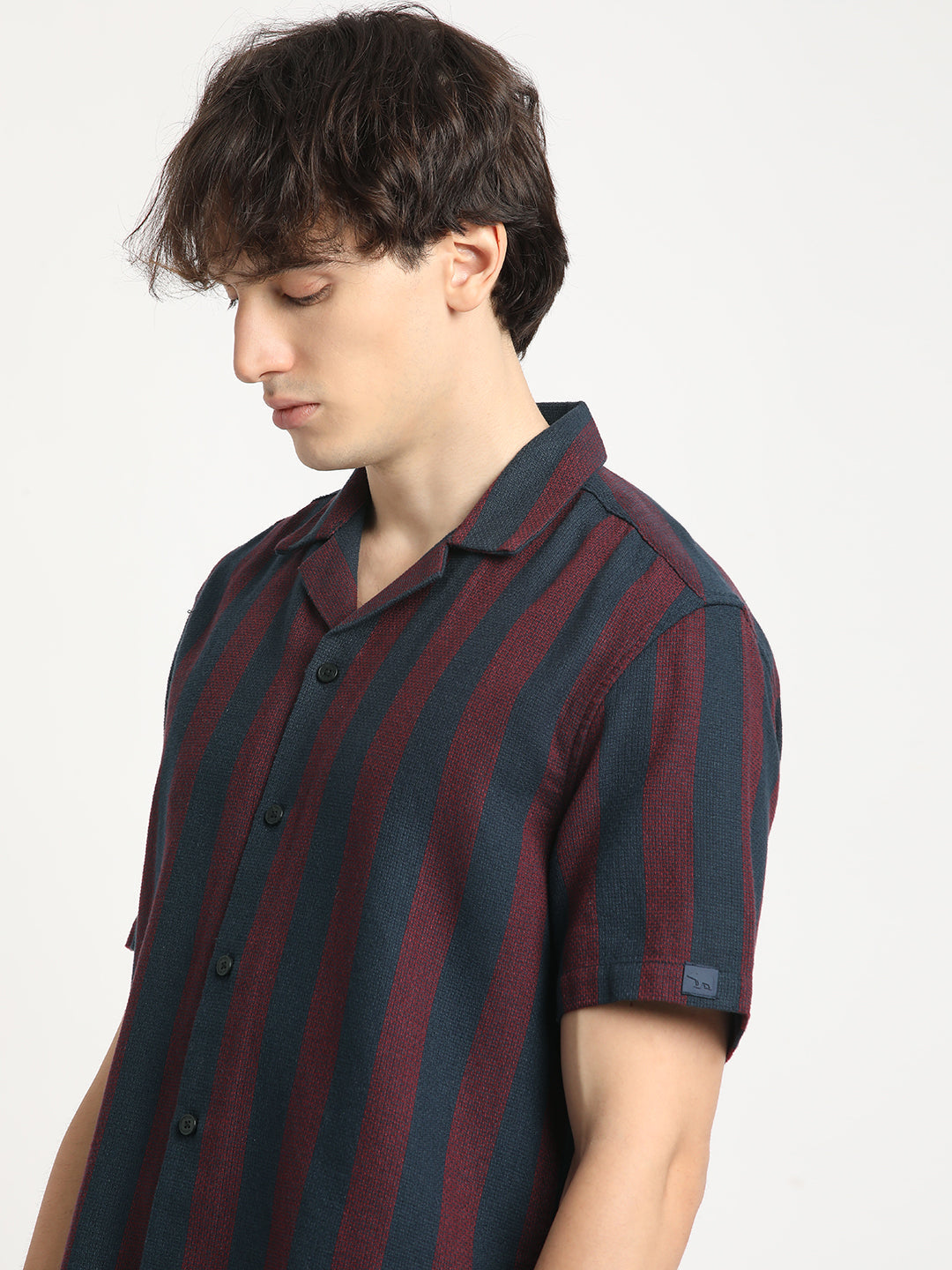 Men Maroon and Navy Striped Regular Fit Cotton Casual Shirt
