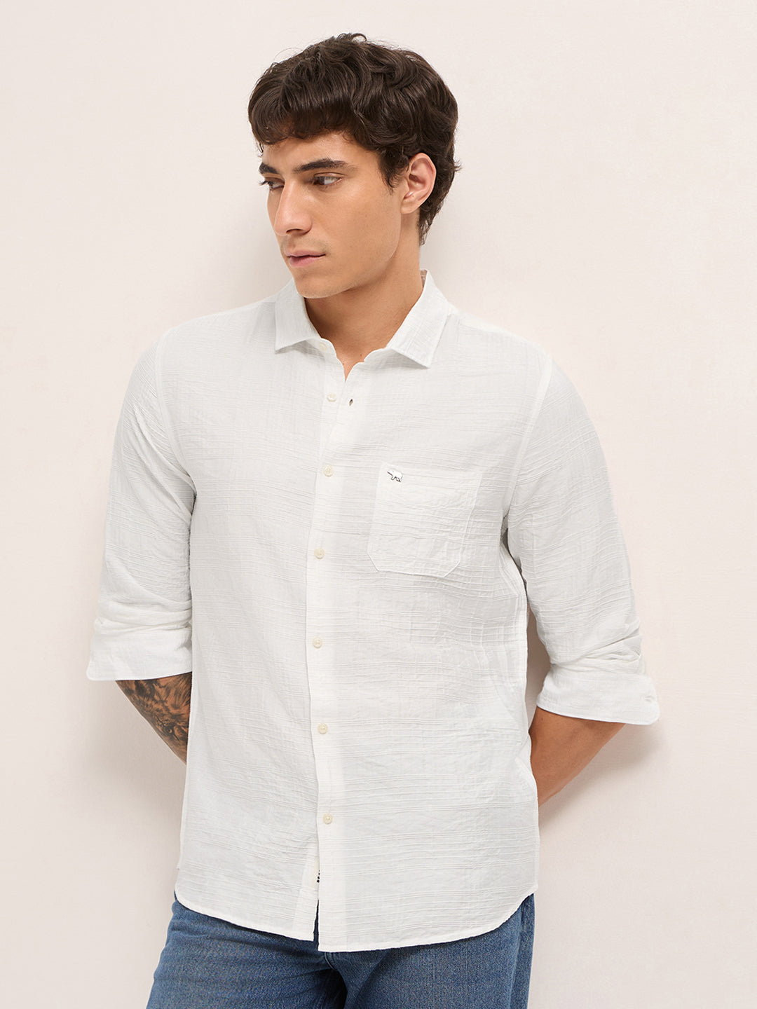 White Slim Fit Casual Shirt with Woven Textured Check Design