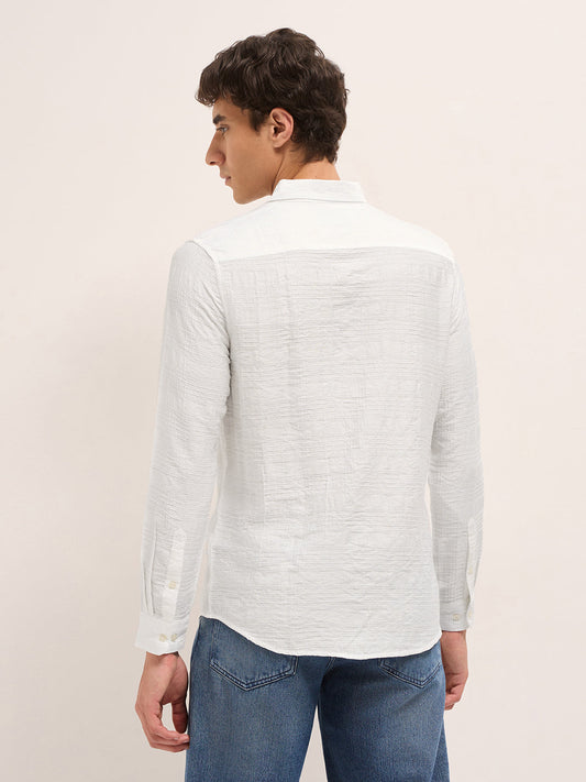 White Slim Fit Casual Shirt with Woven Textured Check Design