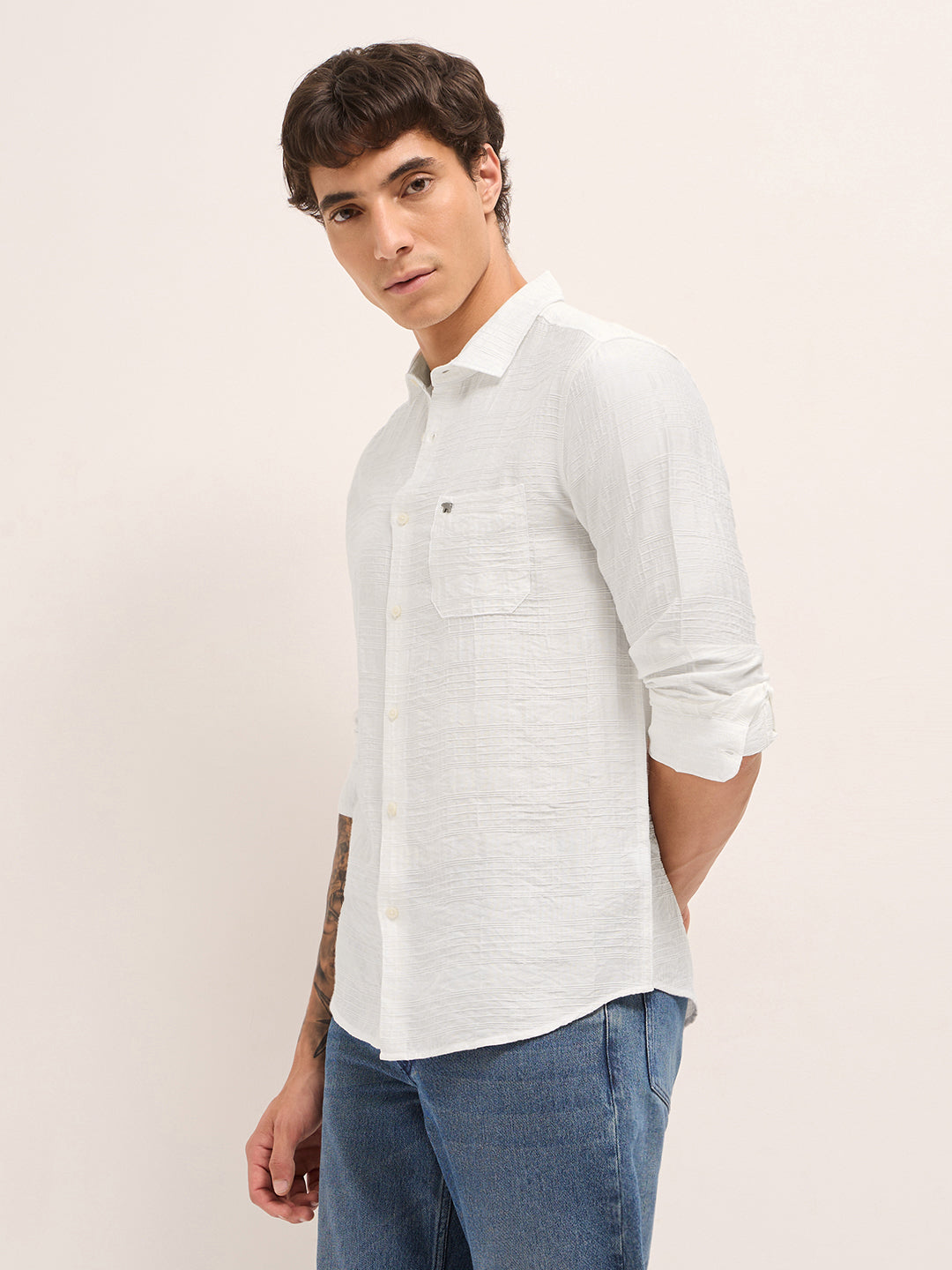 White Slim Fit Casual Shirt with Woven Textured Check Design