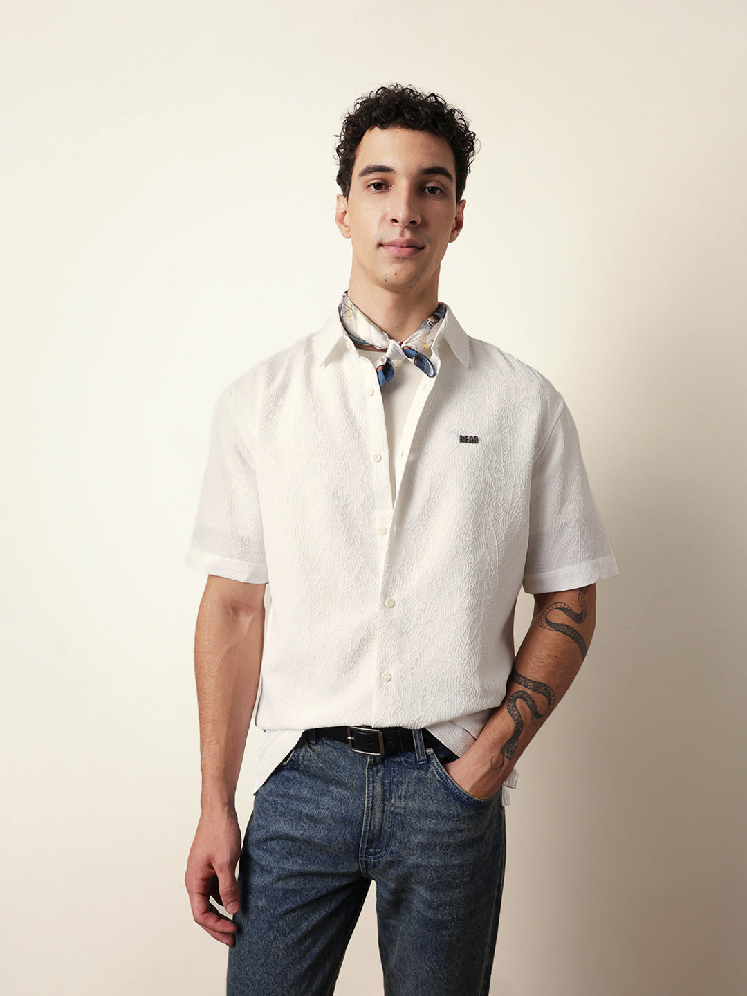White All-Over Textured Leaf Motif Oversized Shirt with Half Sleeves