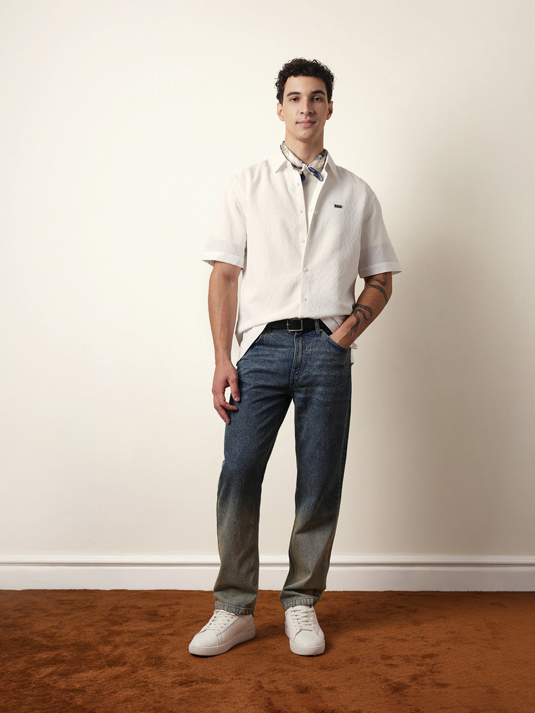 White All-Over Textured Leaf Motif Oversized Shirt with Half Sleeves