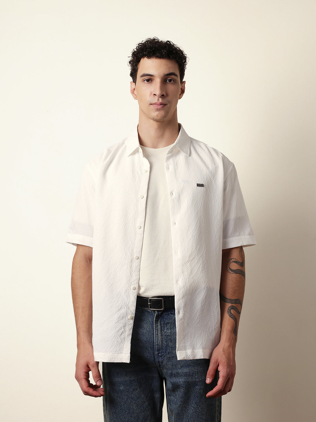 White All-Over Textured Leaf Motif Oversized Shirt with Half Sleeves