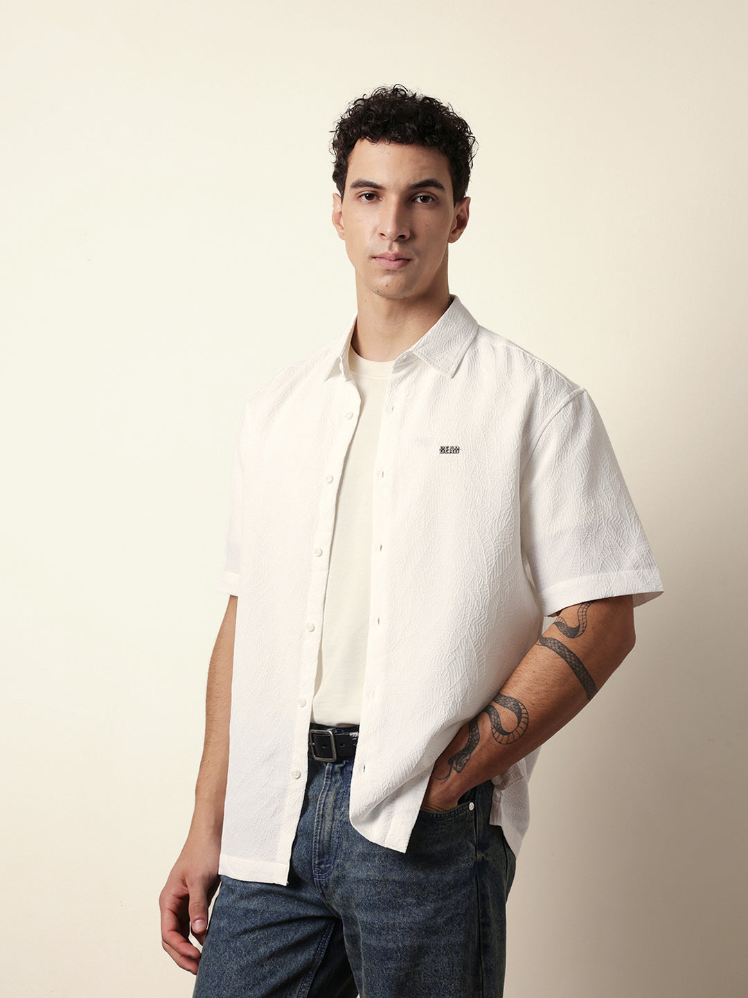 White All-Over Textured Leaf Motif Oversized Shirt with Half Sleeves