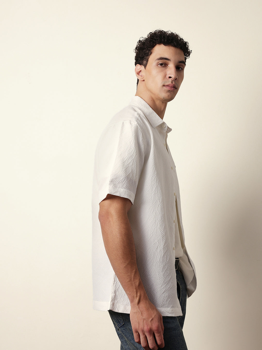 White All-Over Textured Leaf Motif Oversized Shirt with Half Sleeves